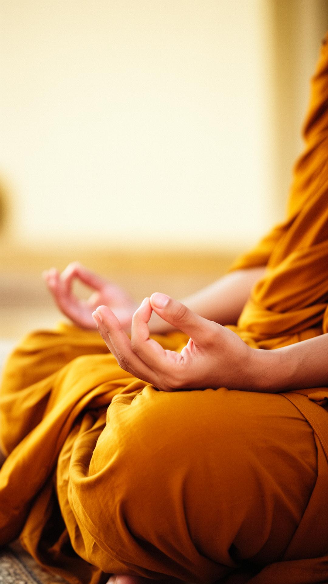 Hands in mudra position on saffron robes
