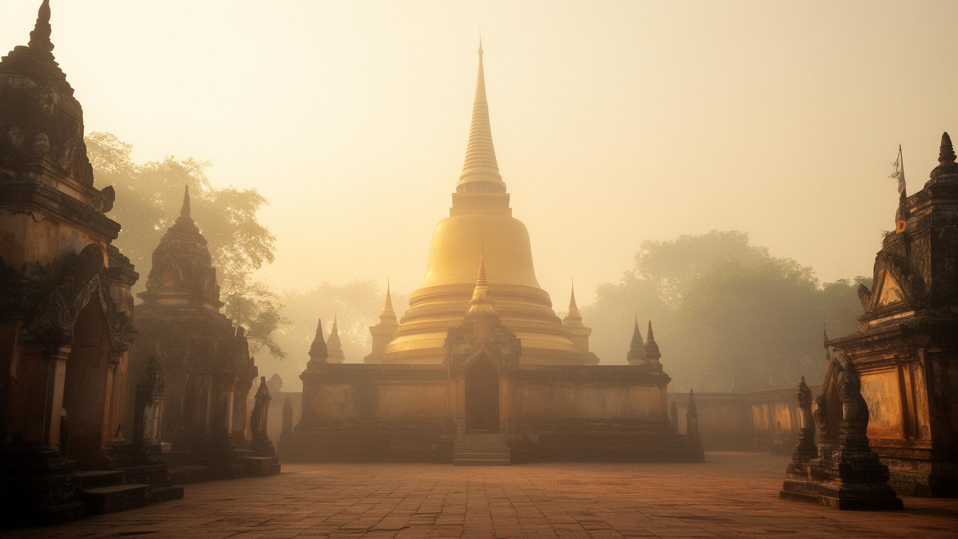 Misty Buddhist temple at dawn
